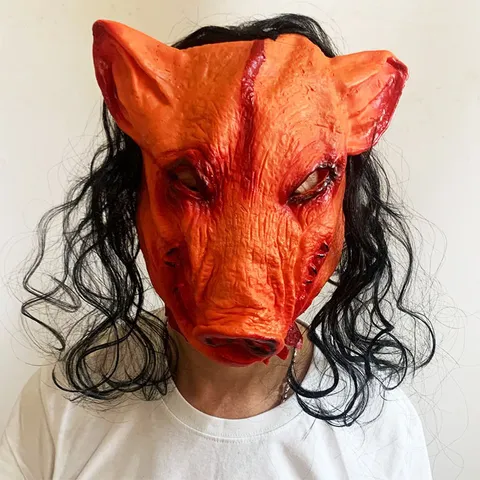 หน้ากากสวมหัวเต็มหน้า หัวหมูปีศาจ ผมสีดำ