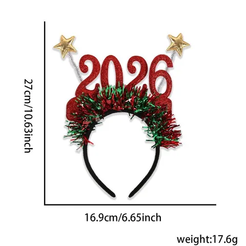 ที่คาดผมคริสต์มาส ตัวเลข 2026 สีแดง ฟอยล์สีแดงเขียว มีดาว